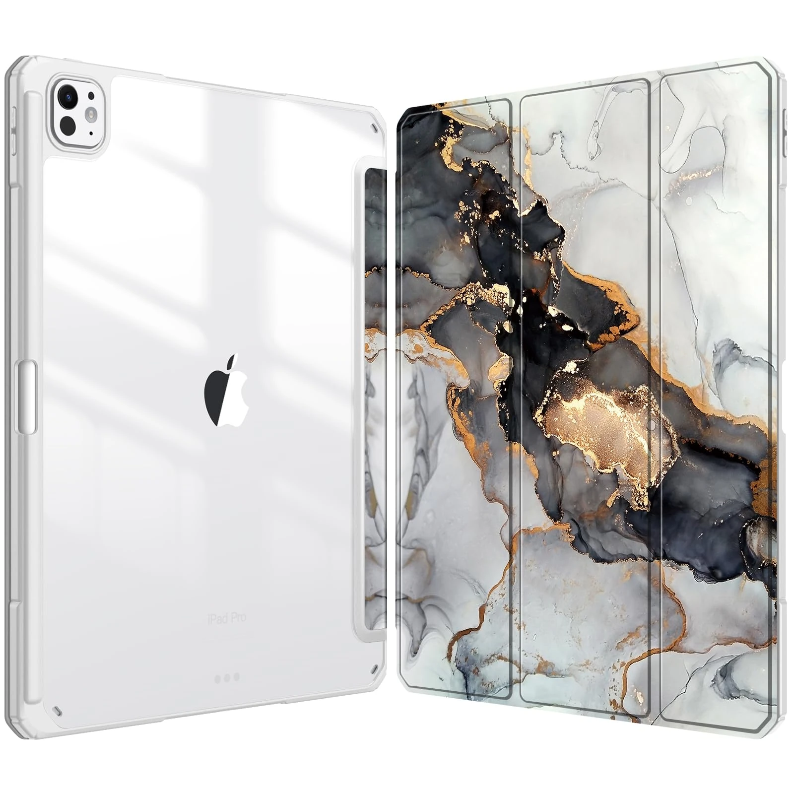 FINTIE Hybrid Case Compatible with iPad Pro 13-inch (M5) 2025 / (M4) 2024, [Built-in Pencil Holder] Shockproof Cover w/Clear Transparent Back Shell, Auto Wake/Sleep, Cloudy Marble