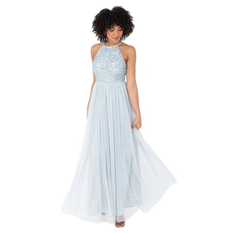 Maya Deluxe Women's Ladies Bridesmaid Maxi Dress Halter Neck Sequin Embellished Prom Graduation Wedding, Ice Blue, 28