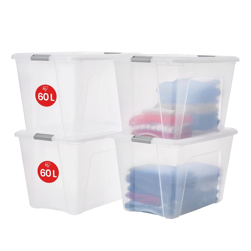 Iris Ohyama Storage Boxes with Lids, 60L, Set of 4, Silver, Secure Buckles, Stackable, Pull-Handles, For Bedroom, Closet, Office, Organisation, BPA Free Plastic, Clothes Tote, NTB-60