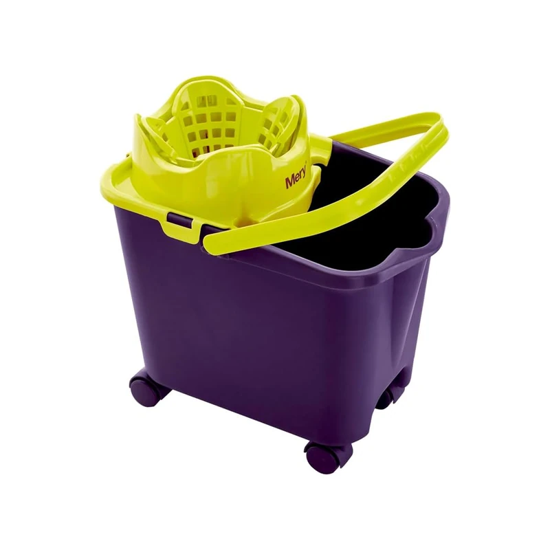 Mop Bucket with Cleaning Holder - with Wringing and Integrated Wheels, Polyurethane, 38 x 25.5 x 39.5 cm, Black and Green, 14 L