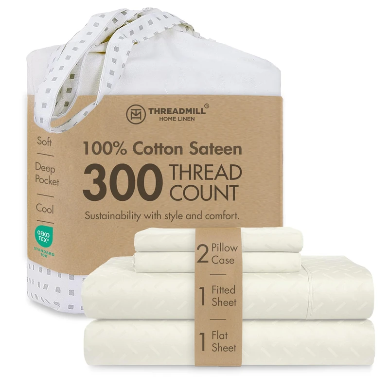 Threadmill 100% Cotton Sheets for King Size Bed | 4 Pc King Bed Sheets Set | Soft, Breathable Lightweight Damask Sateen for All-Season Use | Snug Fit Elastic Deep Pocket King Sheets | Ivory