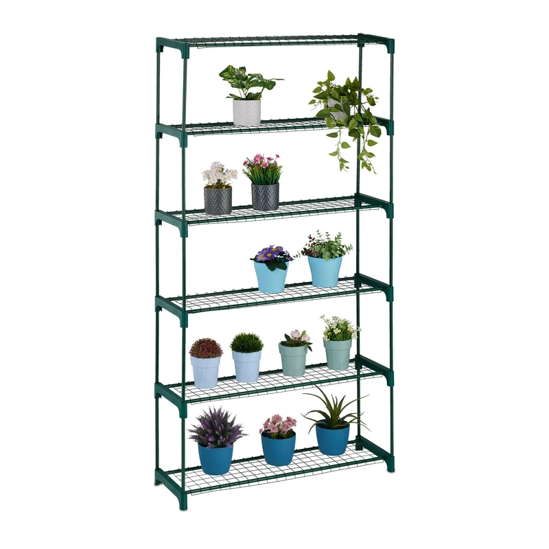 Relaxdays Plant Stand, 6 Shelves, Shelf Storage Unit for Flowers & Herbs, Metal Rack, HxWxD: 173 x 91 x 28.5 cm, Green