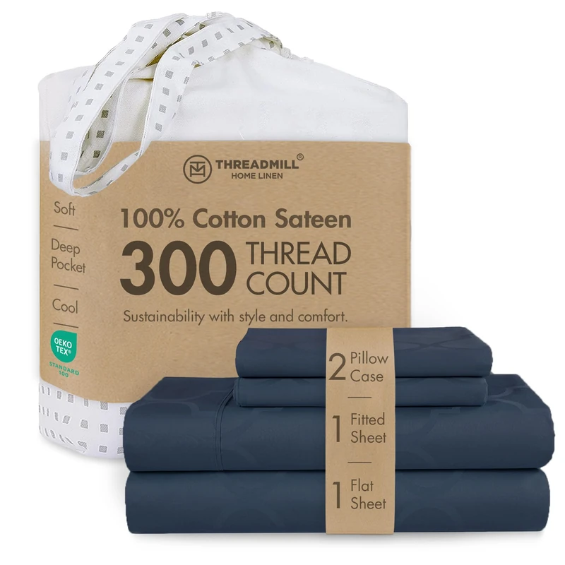 Threadmill 100% Cotton Sheets for King Size Bed | 4 Pc King Bed Sheets Set | Soft, Breathable Lightweight Damask Sateen for All-Season Use | Snug Fit Elastic Deep Pocket King Sheets | Folkstone Blue