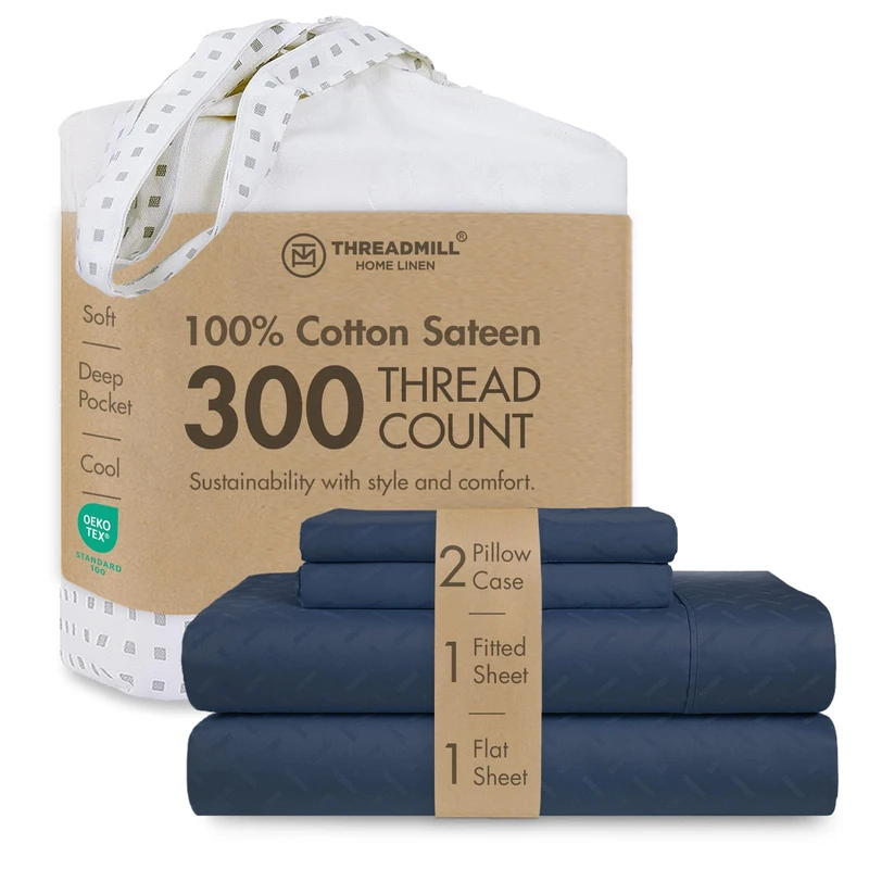 Threadmill 100% Cotton Sheets for King Size Bed | 4 Pc King Bed Sheets Set | Soft, Breathable Lightweight Damask Sateen for All-Season Use | Snug Fit Elastic Deep Pocket King Sheets | Folkstone Blue