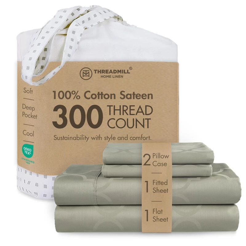 Threadmill Cotton Full Size Sheet Set | 100% Cotton Sheets for Full Size Bed | Damask Jacquard Full Bed Sheets Set with 16” Deep Pocket | Soft Sateen Weave 4-Piece Cooling Bedding Set | Sage