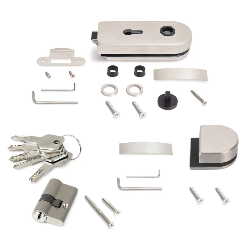 Emuca - Lock and Striker kit for Double Glass Doors, Horizontal Glass Door Latch 8-12mm (0,3-07 inch), Steel, Stainless Finish