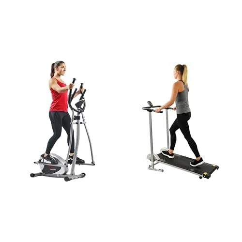 Sunny Health & Fitness Legacy Stepping Elliptical Machine, Total Body Cross Trainer with Ultra- Quiet Magnetic Belt Drive SF-E905 and Foldable Treadmill, Manual Compact Mini Treadmill SF-T1407M
