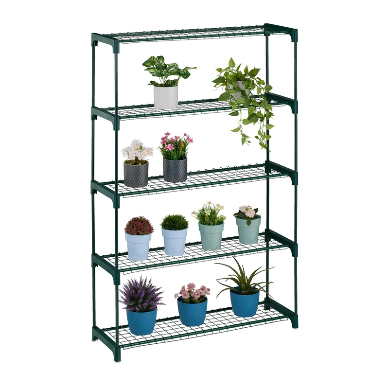 Relaxdays Plant Stand, 5 Shelves, Shelf Storage Unit for Flowers & Herbs, Metal Rack, HxWxD: 139 x 91 x 28.5 cm, Green, Steel, 139 x 91 x 28.5