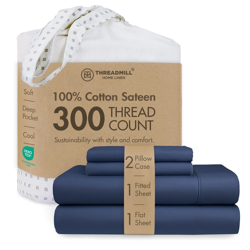 Threadmill 300TC Cotton King Sheet Set, Sateen, Solid, Folkstone Blue