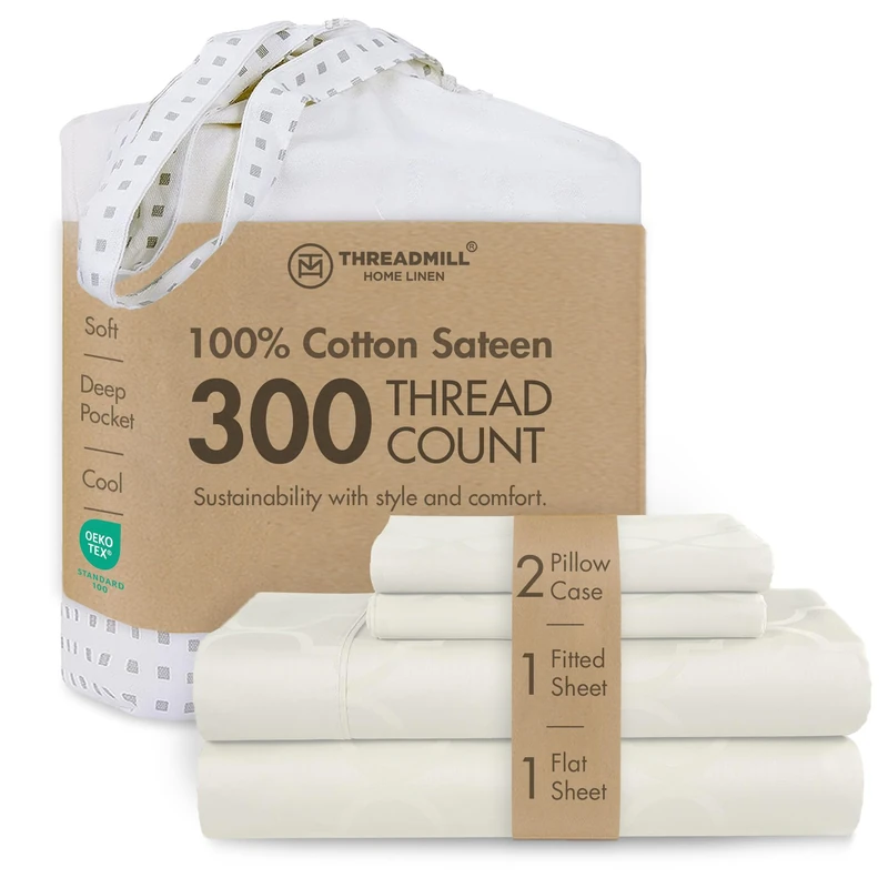 Threadmill 100% Cotton Sheets for King Size Bed | 4 Pc King Bed Sheets Set | Soft, Breathable Lightweight Damask Sateen for All-Season Use | Snug Fit Elastic Deep Pocket King Sheets | Ivory