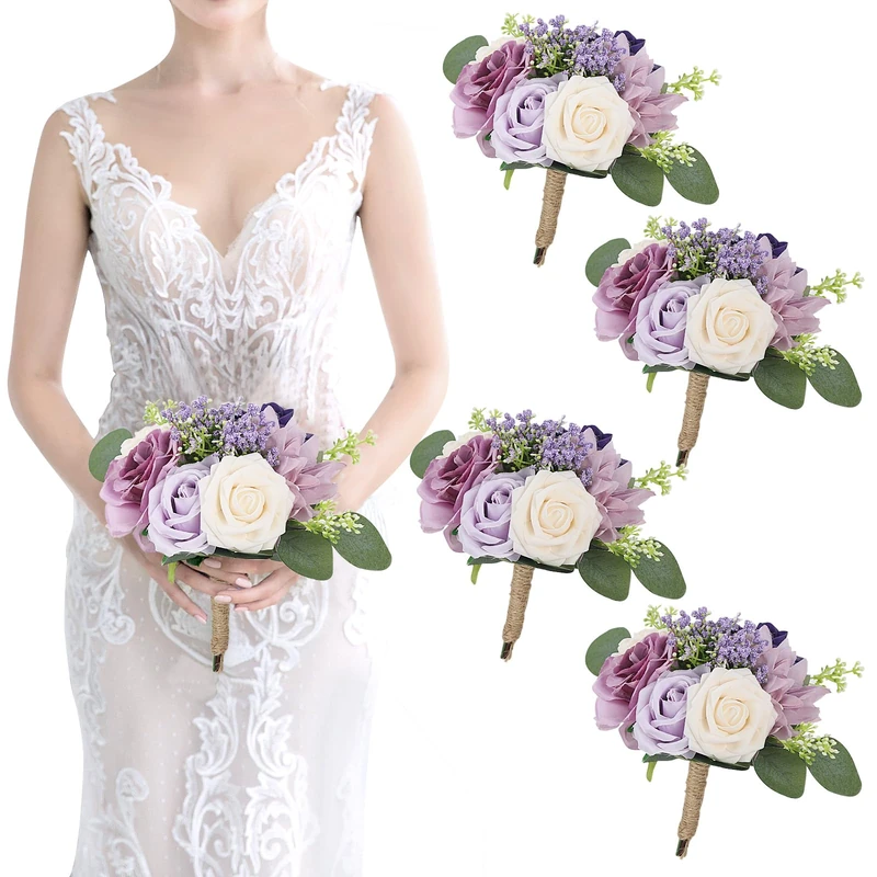 SEMONONIA Artificial Bridesmaid Bouquets 4Pcs -7 Inch Bridesmaid Bouquets Fake Floral Silk Rose Handmade for Wedding Holding Flowers, Bridal Shower,Engagement Wedding Ceremony Anniversary - Lilac