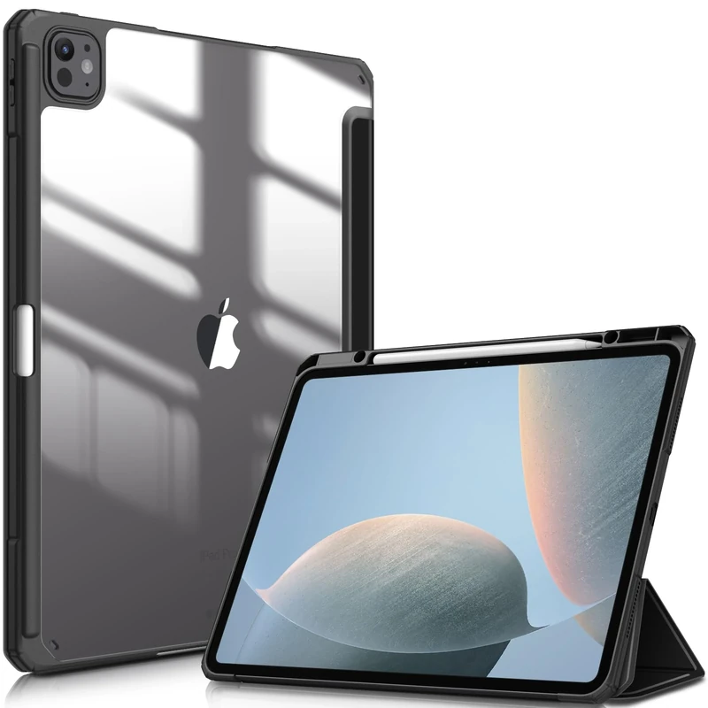 FINTIE Hybrid Case Compatible with iPad Pro 13-inch (M5) 2025 / (M4) 2024, [Built-in Pencil Holder] Shockproof Cover w/Clear Transparent Back Shell, Auto Wake/Sleep, Black