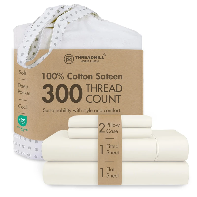 Threadmill 300 Thread Count Cotton King Sheet Set, Sateen, Solid, Ivory