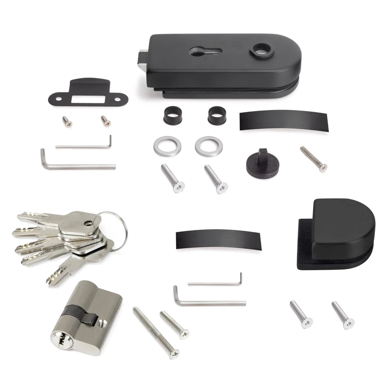 Emuca - Lock and Striker kit for Double Glass Doors, Horizontal Glass Door Latch 8-12mm (0,3-07 inch), Steel and Aluminium, Black Painted