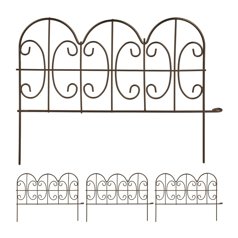 Relaxdays Metal Garden Fence, Set of 4 Elements with Decorations, HxW: 28 x 38.5 cm, Flower Bed Edge to Plug-in, Bronze, Steel, 28 x 38.5 x 1.5 cm