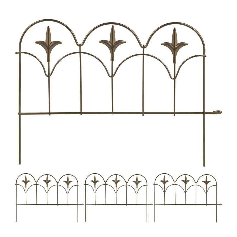 Relaxdays Set of 4 Garden Fence, Elements with Decorations, HxW: 28 x 38.5 cm, Flower Bed Edge to Plug-in, Metal, Bronze, Steel, 28 x 38.5 x 1.5 cm