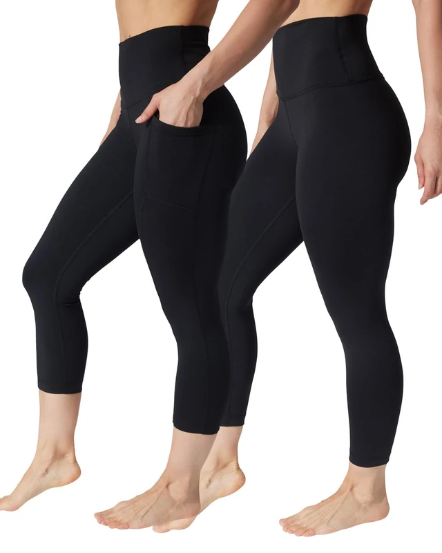 90 Degree by Reflex 2 Pack Capri One Pocket One Basic High Waisted Workout Legging, Black/Black, XS