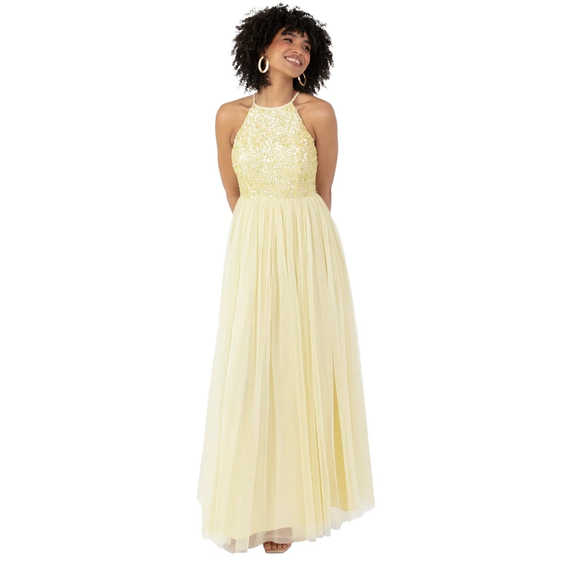 Maya Deluxe Women's Ladies Bridesmaid Maxi Dress Halter Neck Sequin Embellished Prom Graduation Wedding, Lemon, 28