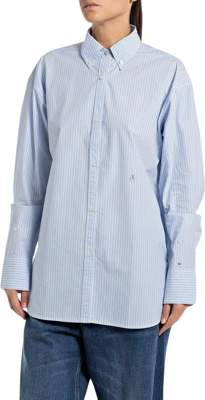 Replay Women's W2148 Blouse, 010 White/Blue, XS