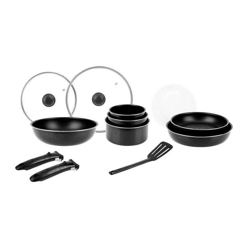 Sitram 714946 Cookware Set 14 Pieces Aluminium Black: 2 Amuv Handles, 1 Wok Ø28 cm 2 Frying Pans Ø24.28 3 Saucepans Ø16,18,20 2 Glass Cover Diameter 24.28 3 Plastic Cover Diameter 16,18,20 1 Spatula