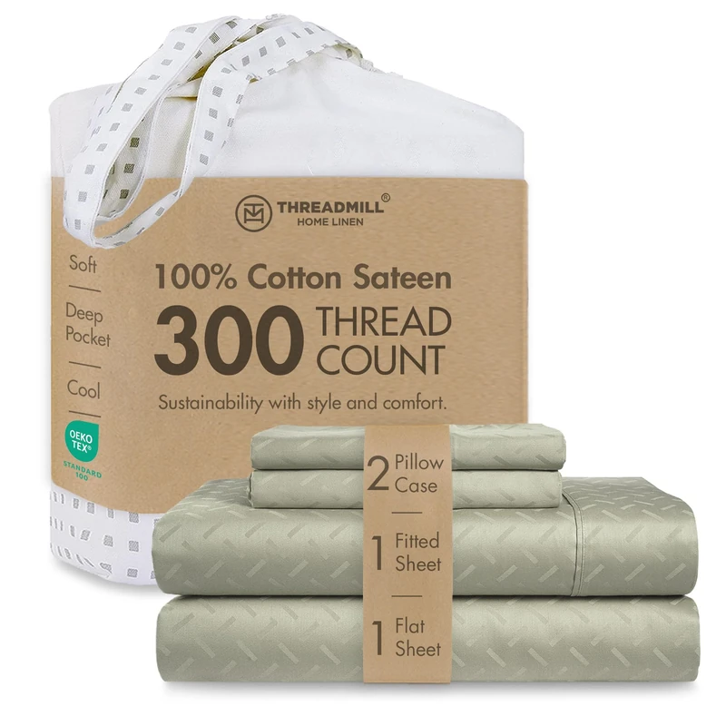 Threadmill 100% Cotton Sheets for King Size Bed | 4 Pc King Bed Sheets Set | Soft, Breathable Lightweight Damask Sateen for All-Season Use | Snug Fit Elastic Deep Pocket King Sheets | Sage Green