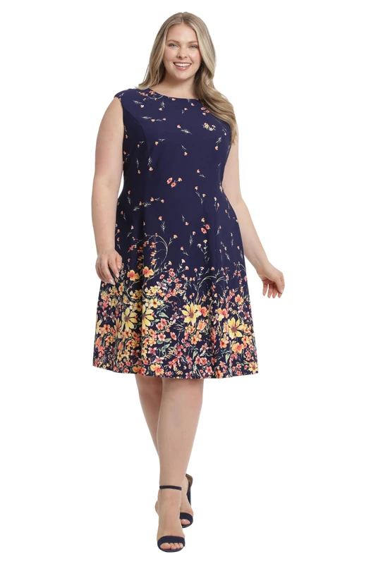 London Times Women's Floral Border Cap Sleeve Fit & Flare Dress, Navy/Aspen Gold, 20 Plus