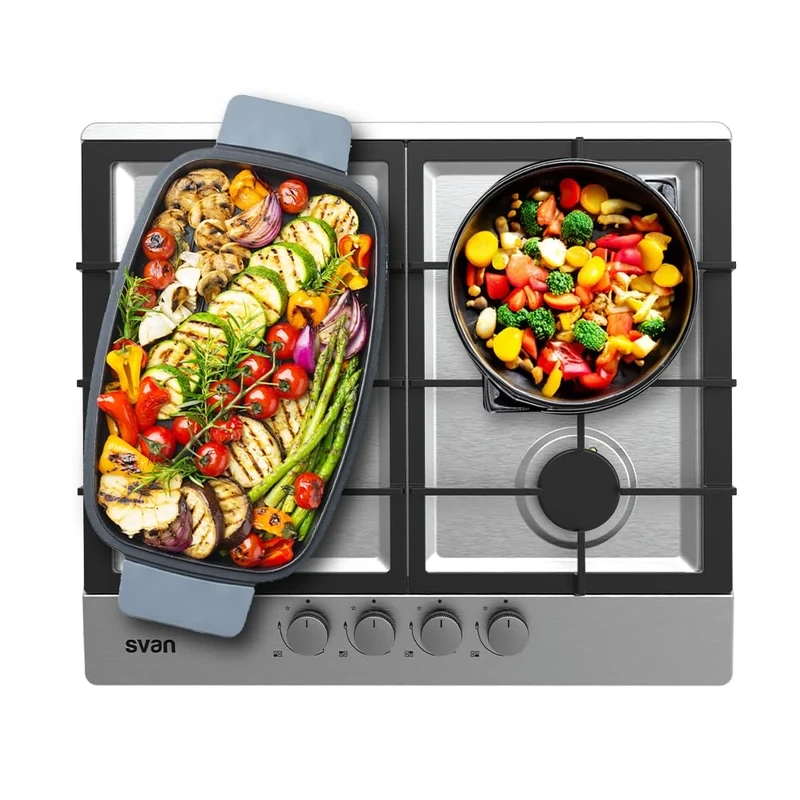 Svan Encimera de Gas Inox SGW4600X. Potencia máx. 8,5 kW, 4 Quemadores, Quemador WOK triple llama, sistema Ignición Automática, Parrillas Forjadas, Kit Conversión Gas Natural