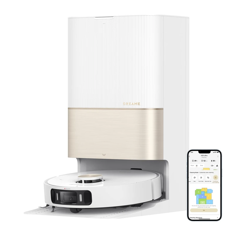 dreame X30 Ultra Robot Vacuum Cleaner and Mop Combination with Omni Self Cleaning Station, Removable and Liftable Mop, Intelligent Carpet Cleaning, 8300Pa Suction Power, White