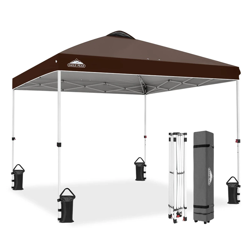 EAGLE PEAK Convertible Canopy with Carry Bag with Wheels, 8 Pins, 4 Ropes, 4 Truck Bags – Easy Assembly, 10×10ft, 100 Square Feet Shadow, Brown