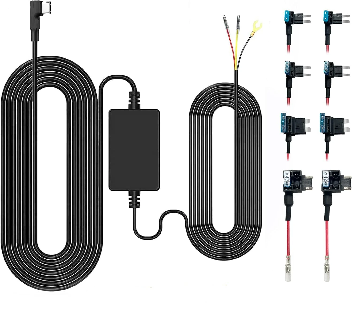 GKU Upgraded Dash Cam Hardwire Kit with 8pcs Fuse Tap Set, 3-Meter Type-C ACC Hard Wire Kit, 12V-24V to 5V/2.5A Wiring Kit with Low Voltage Protection, 24H Parking Surveillance for all GKU Dashcams