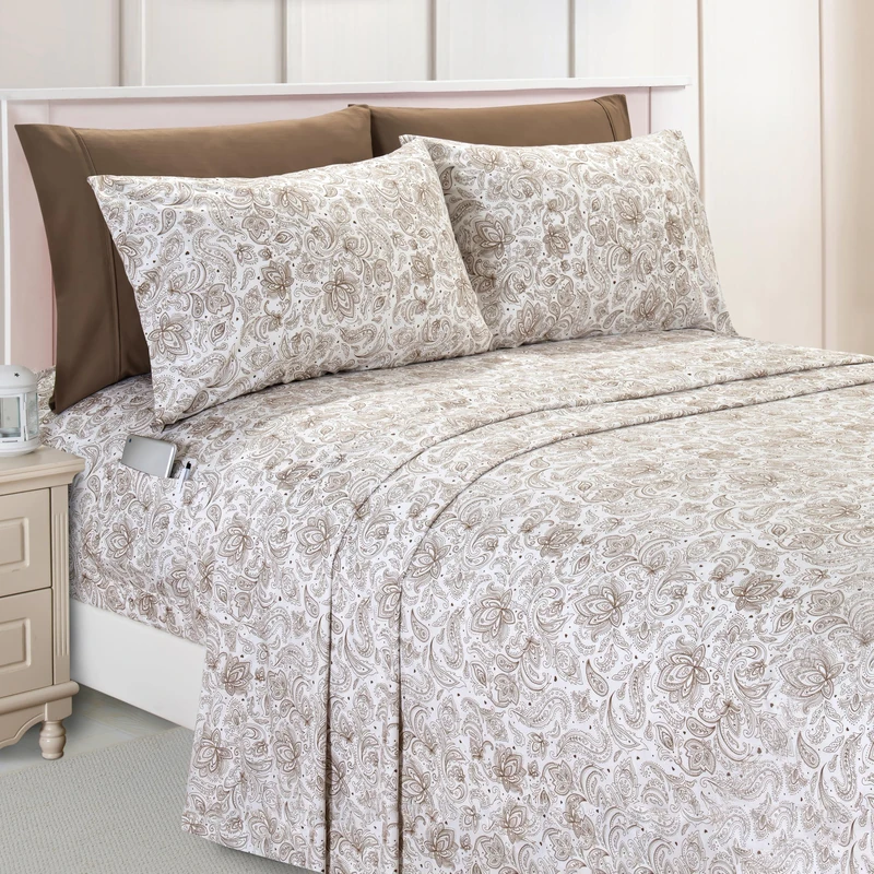 Elegant Comfort Amelia Paisley Printed 6-Piece Sheet Set, Deep Pocket 1500 Premium Hotel Quality, Fade and Wrinkle Resistant, Fitted sheets with Smart Pockets, Paisley Sheet Set, Cal King, Latte Taupe