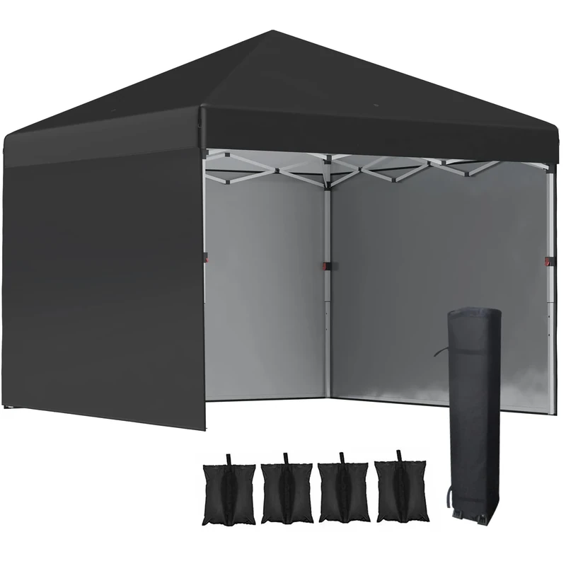 Outsunny 3 x 3 (M) Pop Up Gazebo with 3 Sidewalls, Leg Weight Bags and Wheeled Bag, Height Adjustable Party Tent Event Shelter for Garden, Patio, Black