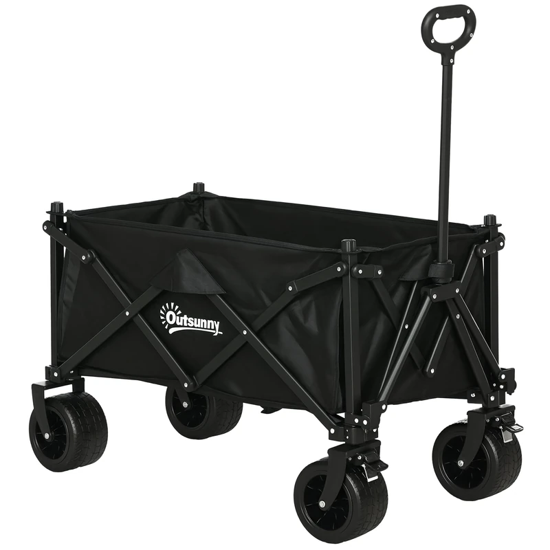 Outsunny 110L Festival Trolley on Wheels, Folding Camping Trolley Cart with Telescopic Handle, Carry Bag and All-Terrain Big Wheels, for Garden, Beach, Fishing, Black - Image 1