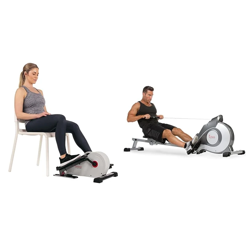 Sunny Health & Fitness Magnetic Under Desk Elliptical Peddler, Portable Mini Elliptical SF-E3872 and Magnetic Rowing Machine, Folding Rower with LCD Monitor -SF-RW5515