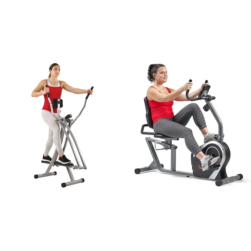 Sunny Health & Fitness Elliptical Cross Trainer w/LCD Monitor, Air Walker Exercise Machines + Magnetic Recumbent Bike, Stationary Cycling Bike w/LCD Monitor, Device Holder and Pulse Monitor