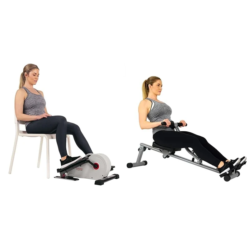 Sunny Health and Fitness Magnetic Under Desk Elliptical Peddler, Portable Mini with Resistance + SF-RW1205 12 Adjustable Resistance Rowing Machine Rower w/Digital Monitor