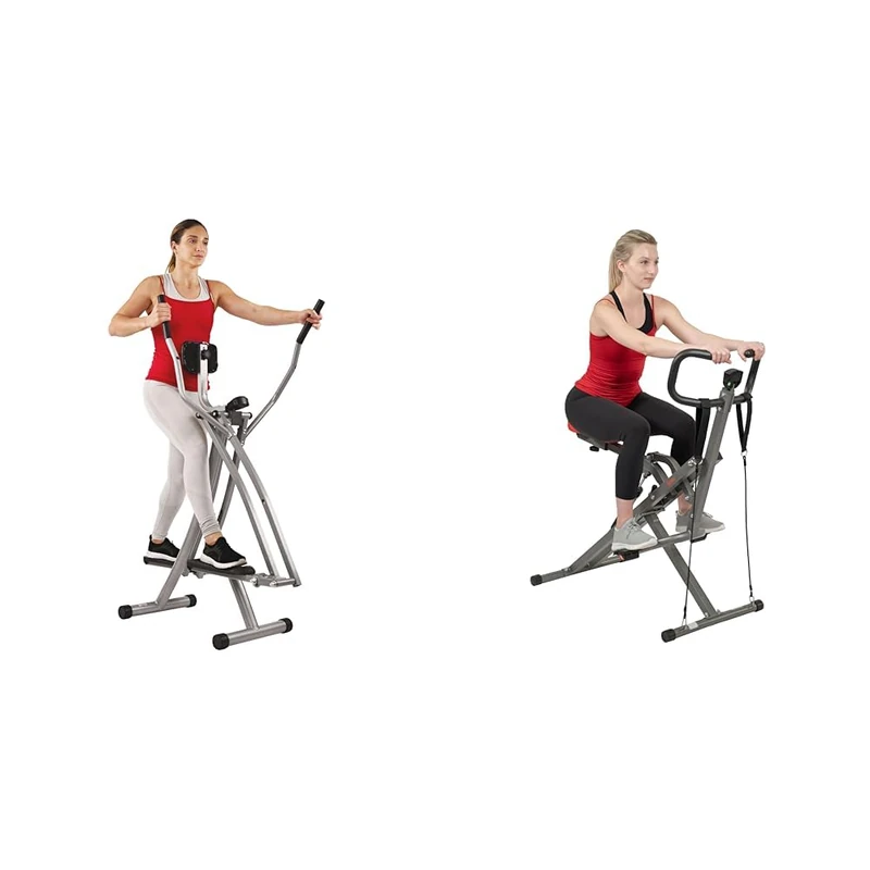 Sunny Health & Fitness Elliptical Cross Trainer w/LCD Monitor, Air Walker Exercise Machines + Row-N-Ride™ PRO Squat Assist Trainer, Rowing Machine w/Digital Monitor & Resistance Bands