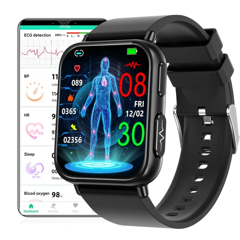 DigiKuber Smart Watch EKG, 1.91 Inch 240 x 286 Waterproof Smartwatch with ECG, Blood Pressure, SpO2, Heart Rate, Body Temperature, Messages and Call Reminder for Android iOS (Black, TPU 22mm)