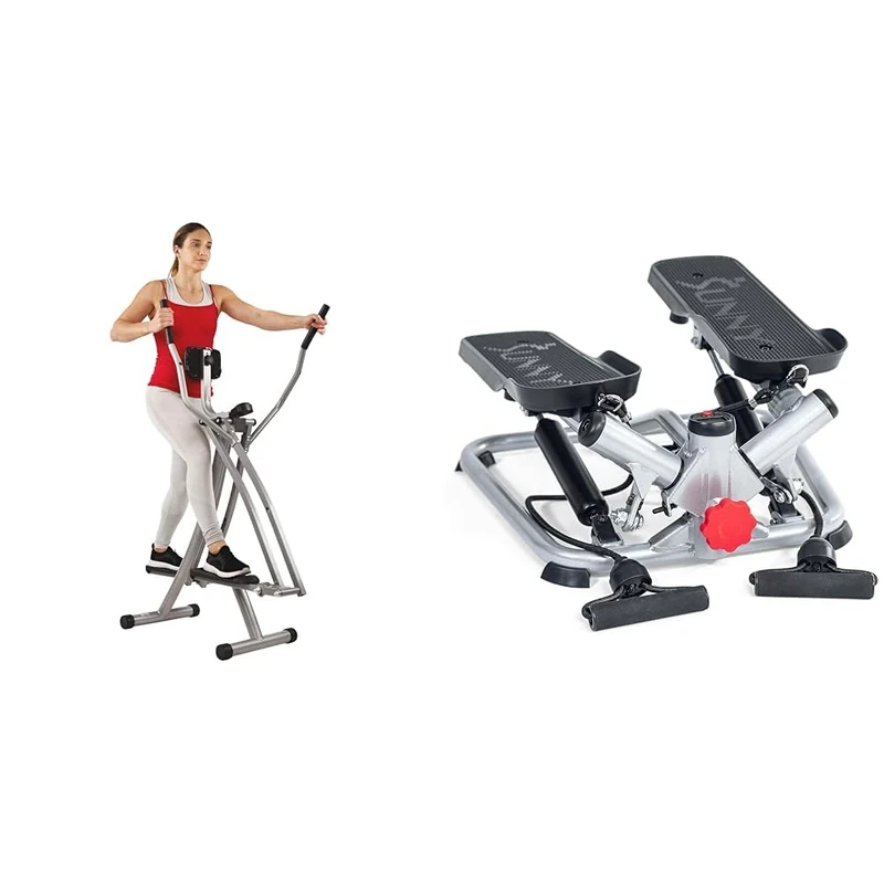 Sunny Health & Fitness Advanced Twist Stepper Machine with Resistance Bands - SF-S0979 + Elliptical Cross Trainer w/LCD Monitor, Air Walker Exercise Machines