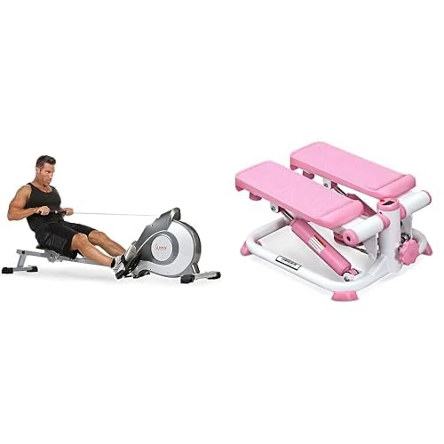 Sunny Health & Fitness Exercise Stepping Machine, Portable Mini Stair Stepper for Home or Office Workouts + Magnetic Rowing Machine, with LCD Monitor and Extra Long Slide Rail, 8 Level Resistance