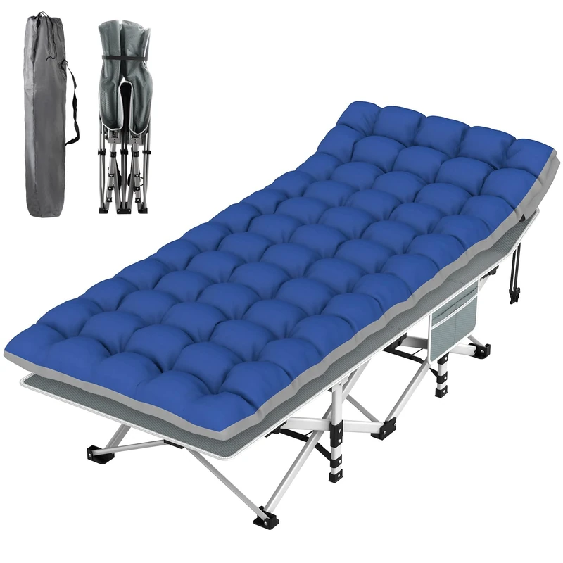 Suteck Camping Cot, Folding Camping Cot Bed for Adults Sleeping 1200D Double Layer Oxford Portable Folding Outdoor Cots for Camping W/Soft Pad Carry Bag for Home Office Nap Beach Travel, Stripe Blue