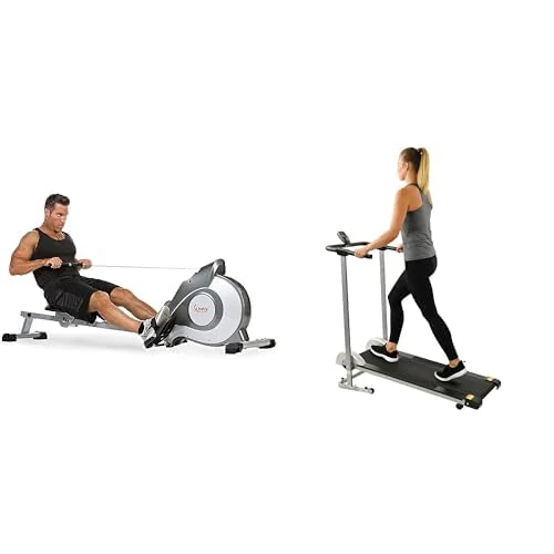 Sunny Health and Fitness Magnetic Rowing Machine, Folding Rower SF-RW5515 and Foldable Treadmill, Manual Compact Mini Treadmill SF-T1407M