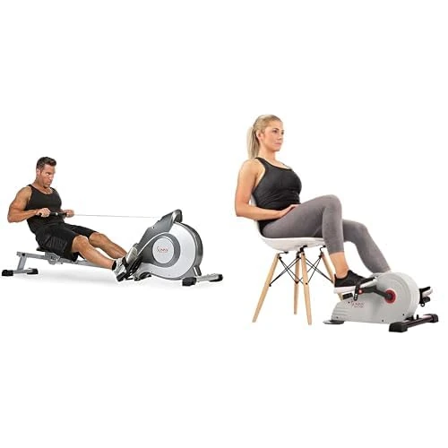 Sunny Health and Fitness Magnetic Under Desk Pedal Exerciser, Dual Function Mini Exercise Cycle Bike SF-B0891 and Magnetic Rowing Machine with LCD Monitor and Extra Long Slide Rail SF-RW5515