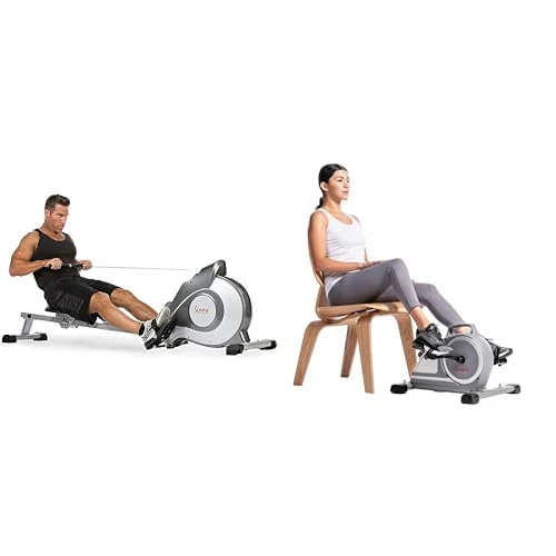 Sunny Health & Fitness Magnetic Under Desk Mini Exercise Cycle Bike, Dual Function Pedal Exerciser SF-B020026 and Magnetic Rowing Machine, Folding Rower with LCD Monitor SF-RW5515