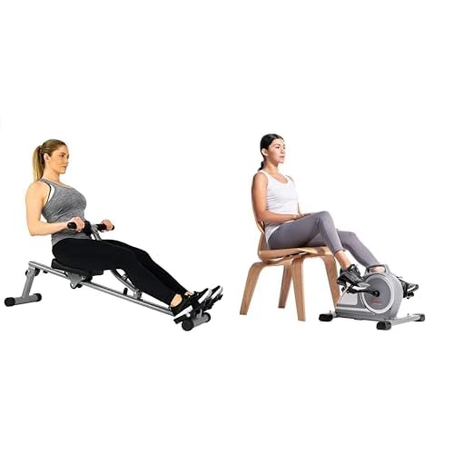 Sunny Health & Fitness Magnetic Under Desk Mini Exercise Cycle Bike, Dual Function Pedal Exerciser SF-B020026 and Rowing Machine Rower w/ Digital Monitor