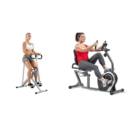 Sunny Health & Fitness Exercise Bikes, Magnetic Recumbent Bike, Stationary Cycling Bike SF-RB4616S and Squat Assist Upright Row-N-Ride Rowing Machine - NO.077S