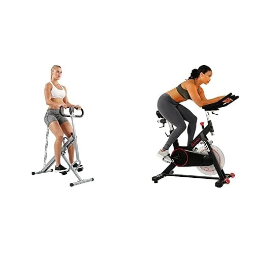 Sunny Health and Fitness Indoor Cycling Wheel W/Magnetic Belt Drive, 136kg Max Weight + Squat Assist Upright Row-N-Ride Rowing Machine, Horse Riding Machine Full Body Exercise Indoor