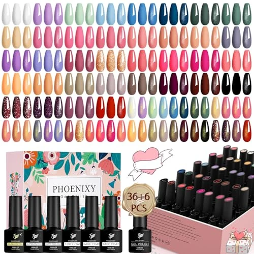 Phoenixy Gel Nial Polish Set, 42 Pcs Gel Nail Polish with Glossy Matte Glitter Golden Base Top Coat, Pink Red Soak off Nail Varnish Polish Kit Gift for Women
