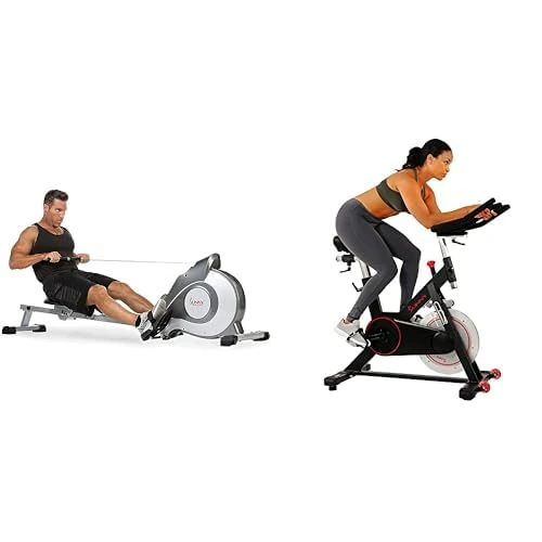 Sunny Health and Fitness Indoor Cycling Wheel W/Magnetic Belt Drive, 136kg Max Weight + Magnetic Rowing Machine, Folding Rower W/LCD Monitor and 8 Level Resistance