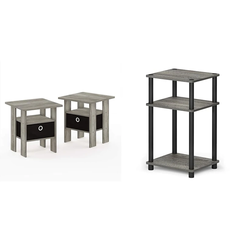 Furinno Andrey Set of 2 End Table/Side Table/Night Stand/Bedside Table with Bin Drawer & Just 3-Tier Turn-N-Tube End Table/Side Table/Night Stand/Bedside Table